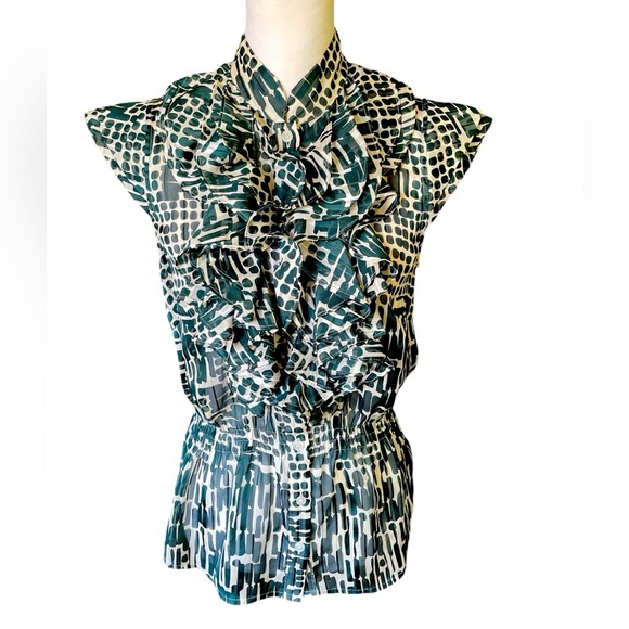 The Limited Forest Green & Cream Ruffle Front Cap/Flutter Sleeve Blouse, Medium - Picture 1 of 6